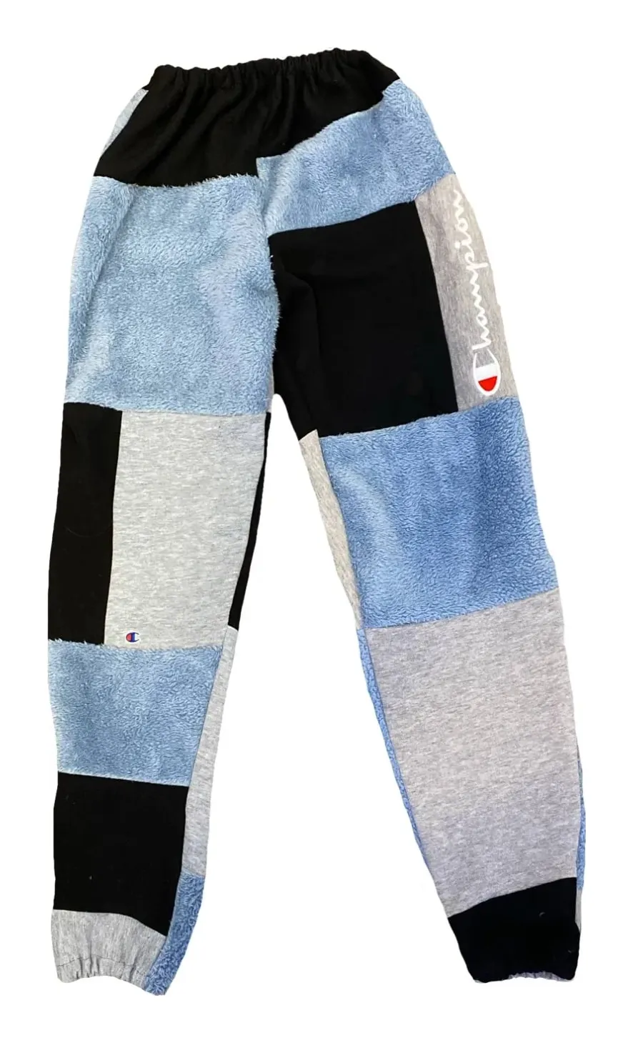 Blue sherpa and grey patchwork joggers