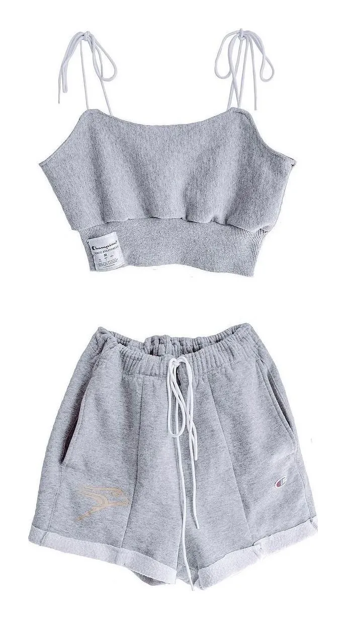 Grey crop top and shorts made from Champion sweatpants